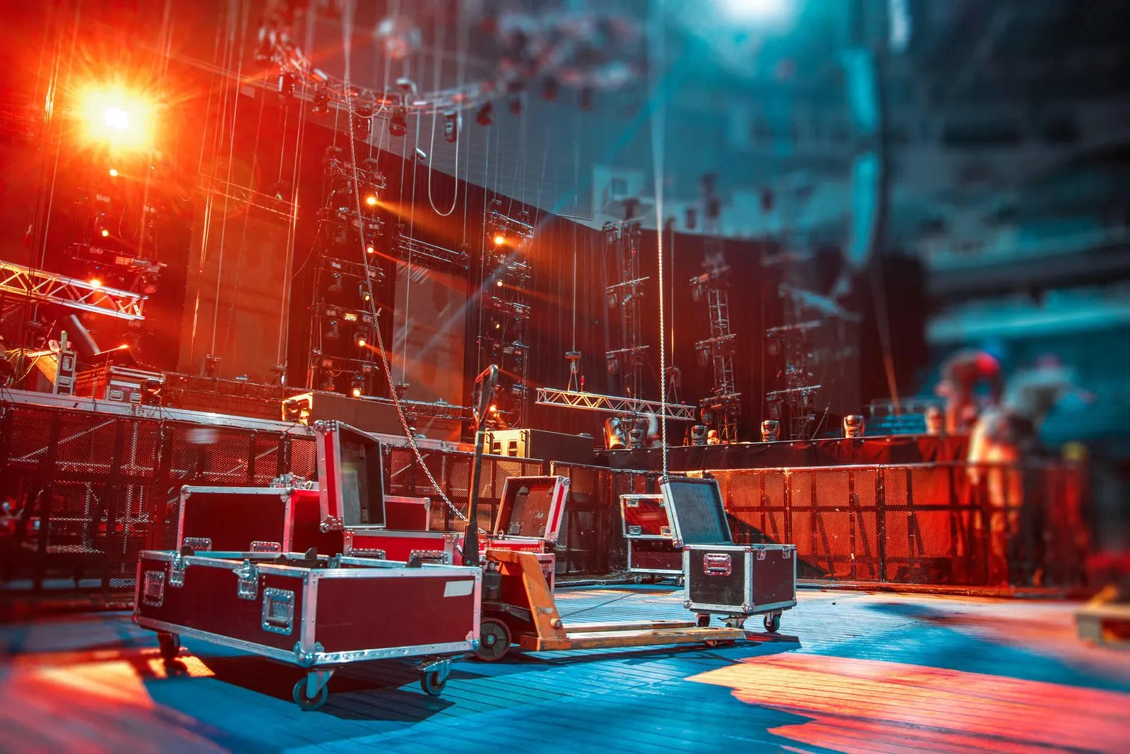 Backstage stage rigging in red and blue light